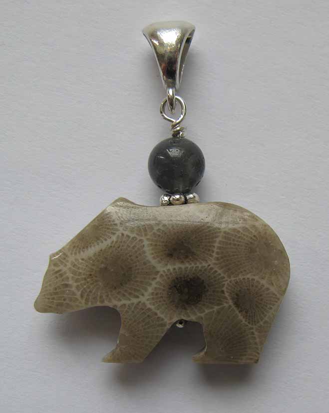 Petoskey Stone Bear Pendant on Sterling